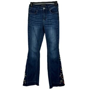 Ashley Mason Premium SZ 0/24 Flare Jeans Floral Embroidered Frayed Boho Festival